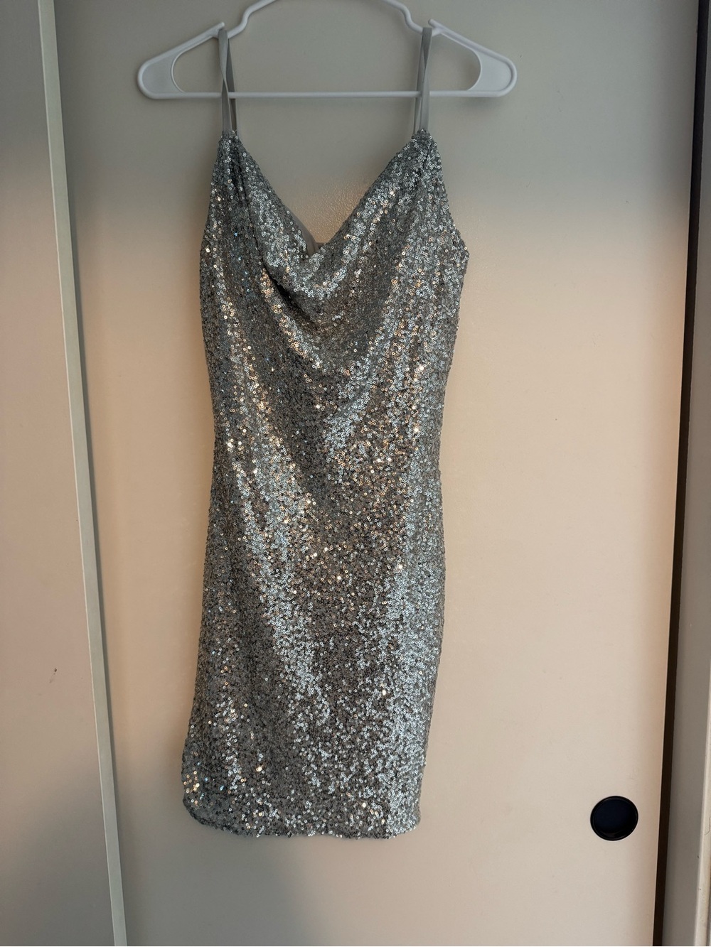Silver Sequin Cowl Neck Slip Dress